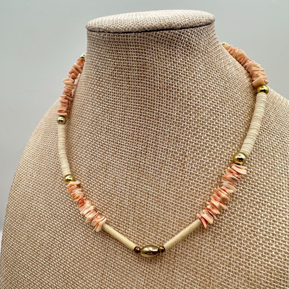 Vintage 90s Gold Tone Pink & Cream Shell Beaded Necklace Women's Jewelry